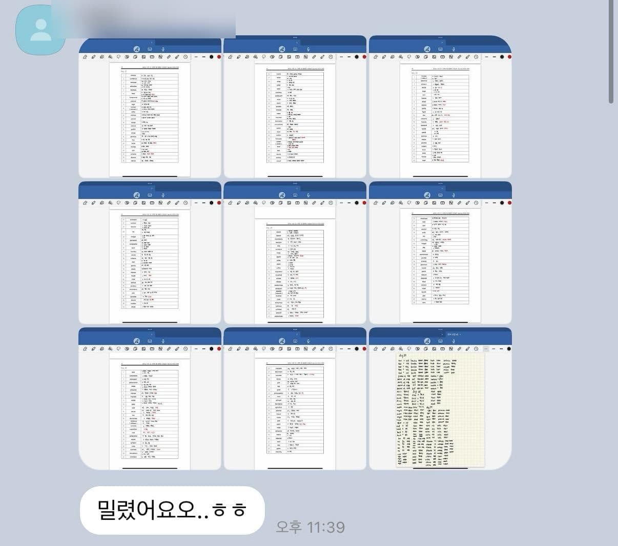 학생 카톡 인증 — 단어 학습 진도